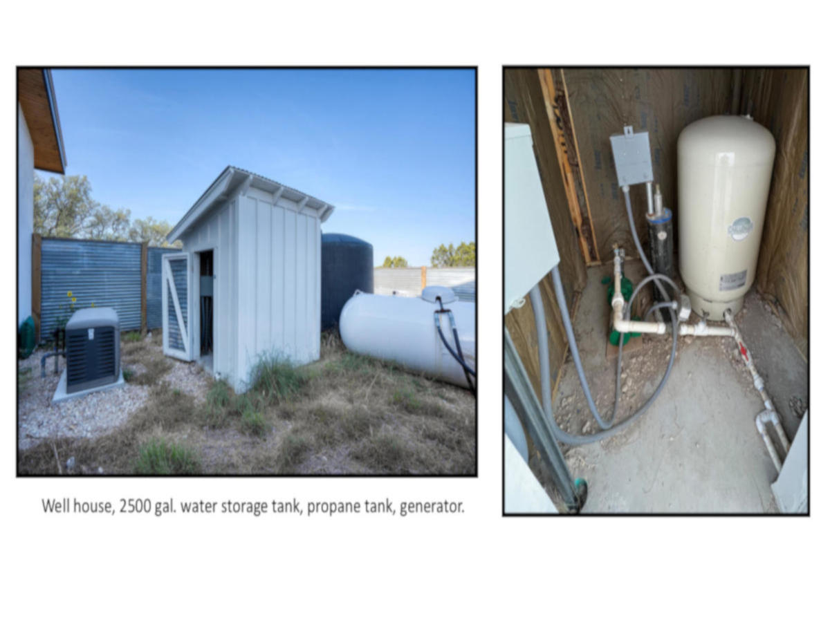 Picture of well house, water storage tank and propane tank located behind garage. 238 Hills of Bandera Rd